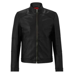 Hugo Lokis Zip Up Leather Biker Jacket in Black