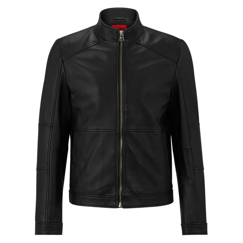 Hugo Lokis Zip Up Leather Biker Jacket in Black
