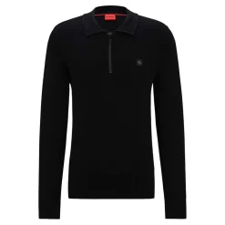 Hugo Sastoon Stacked Logo Zip-Neck Knit Polo Shirt in Black