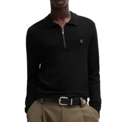 Hugo Sastoon Stacked Logo Zip-Neck Knit Polo Shirt in Black
