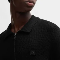 Hugo Sastoon Stacked Logo Zip-Neck Knit Polo Shirt in Black
