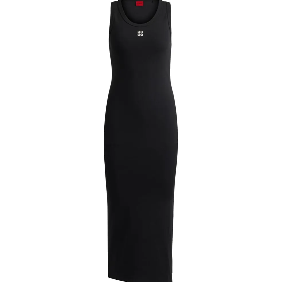 Hugo Scoop Neck Midi Bodycon Dress in Black