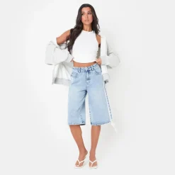 I Saw It First Fit Knee Length Denim Jorts in Blue