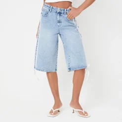 I Saw It First Fit Knee Length Denim Jorts in Blue