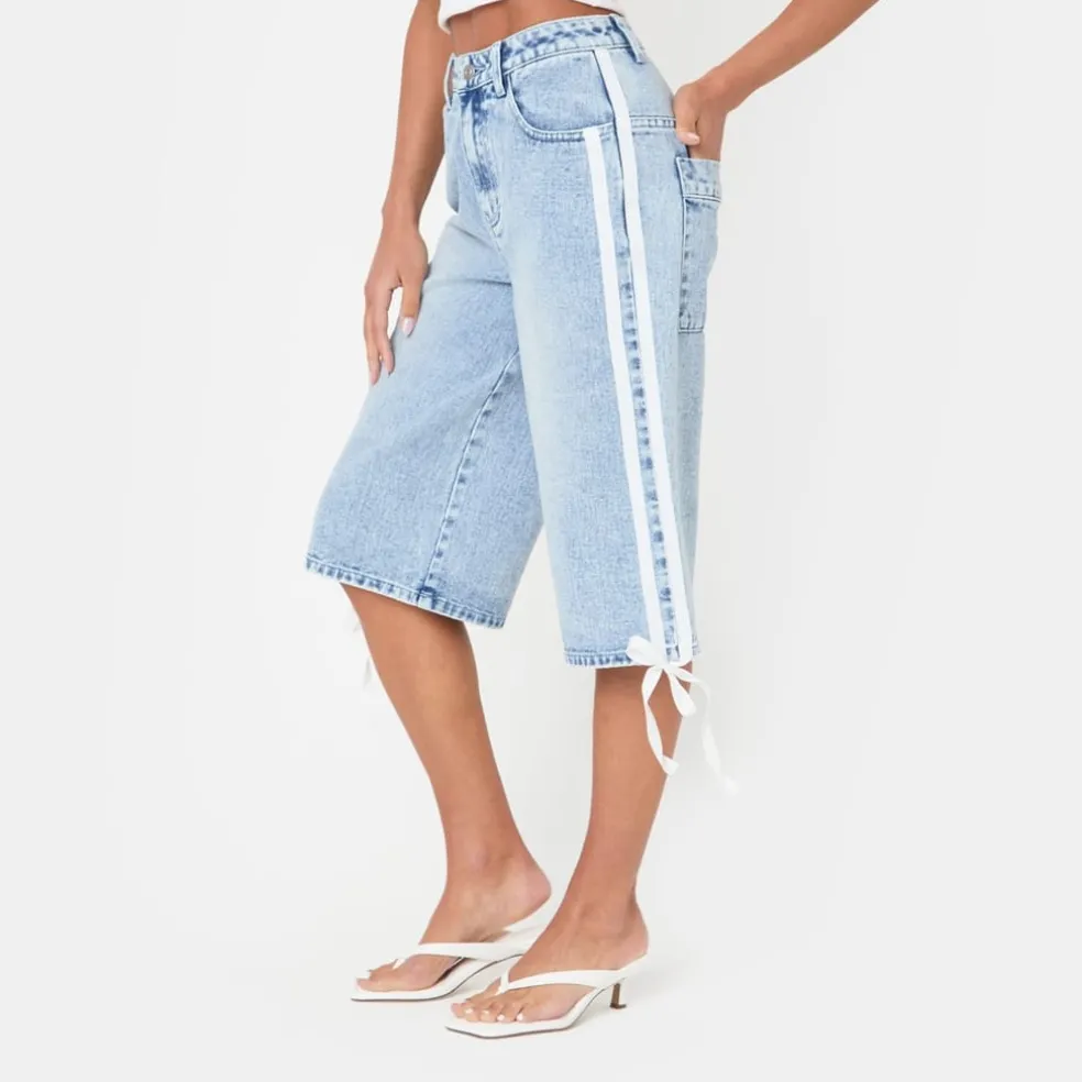 I Saw It First Fit Knee Length Denim Jorts in Blue