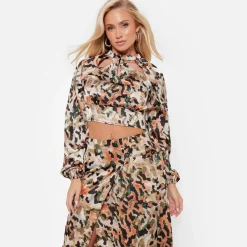 I Saw It First Printed Oversized Satin Shirt Co Ord in Green