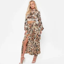 I Saw It First Printed Oversized Satin Shirt Co Ord in Green