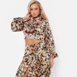 I Saw It First Printed Oversized Satin Shirt Co Ord in Green