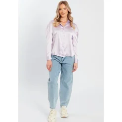 Influence Relaxed Fit Long Sleeve Satin Shirt in Purple