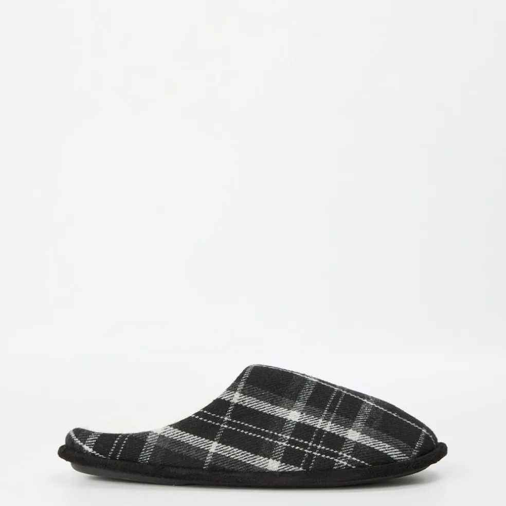 Jack and Jones Plaid Round Toe Mule Slippers in Black