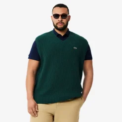 Lacoste Carded Wool V-Neck Sweater Vest in Green
