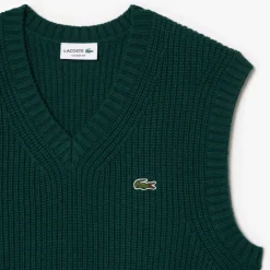 Lacoste Carded Wool V-Neck Sweater Vest in Green