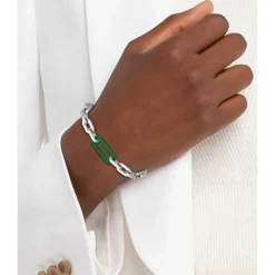 Lacoste Ensemble Stainless Steel With Green Silicone Link Chain Bracelet in Silver