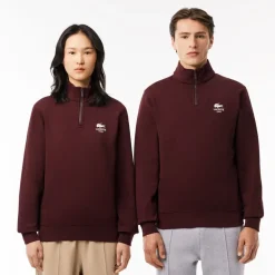 Lacoste High Neck Zip-Up Print Sweatshirt in red maroon
