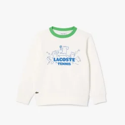 Lacoste Juniors Fleece Crewneck Print Sweatshirt in Cream