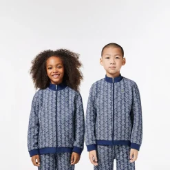 Lacoste Juniors High Neck Zip-Up Paris Monogram Sweatshirt in Navy