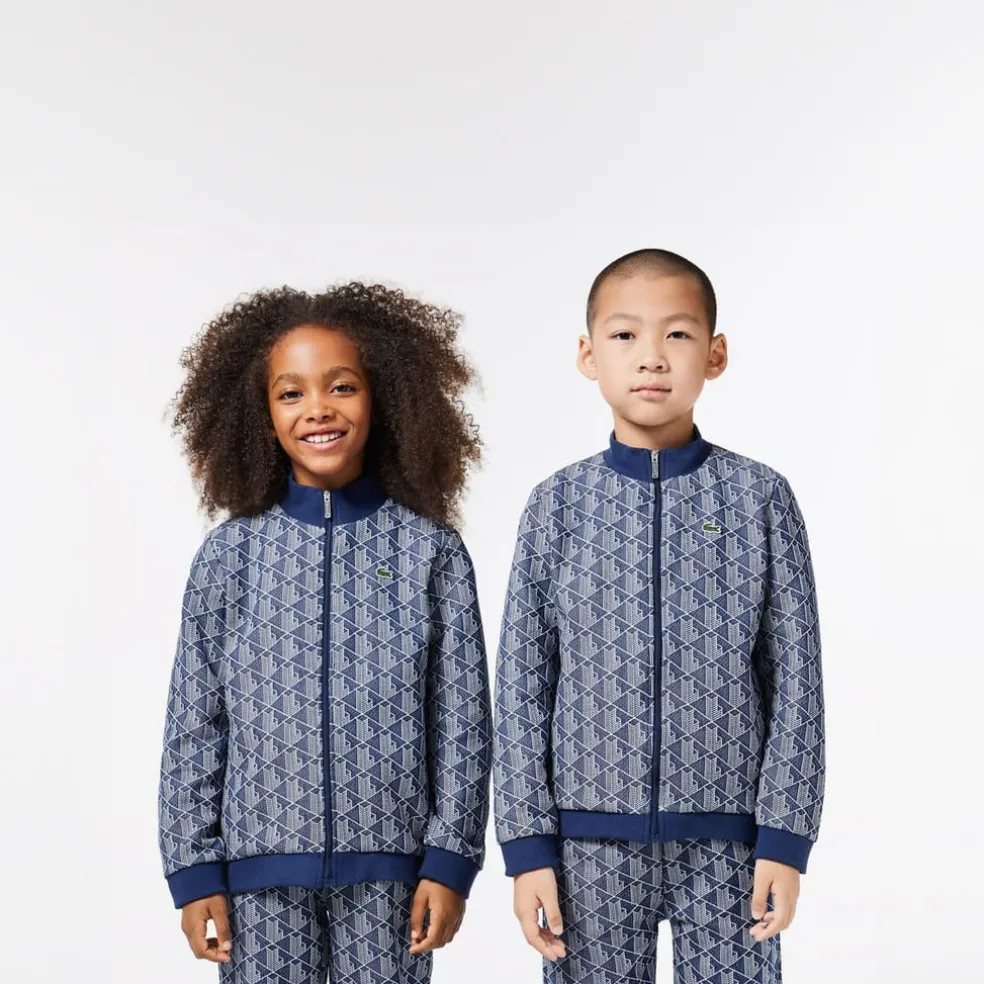 Lacoste Juniors High Neck Zip-Up Paris Monogram Sweatshirt in Navy