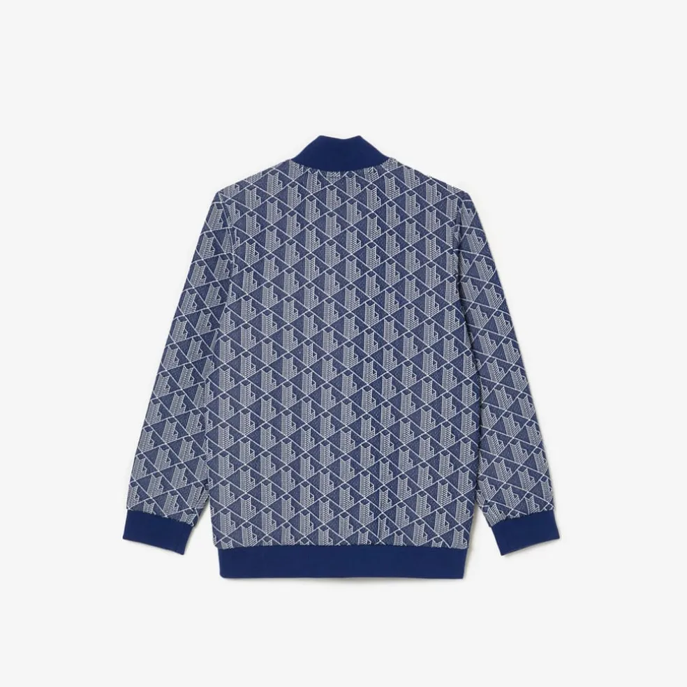 Lacoste Juniors High Neck Zip-Up Paris Monogram Sweatshirt in Navy