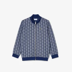 Lacoste Juniors High Neck Zip-Up Paris Monogram Sweatshirt in Navy