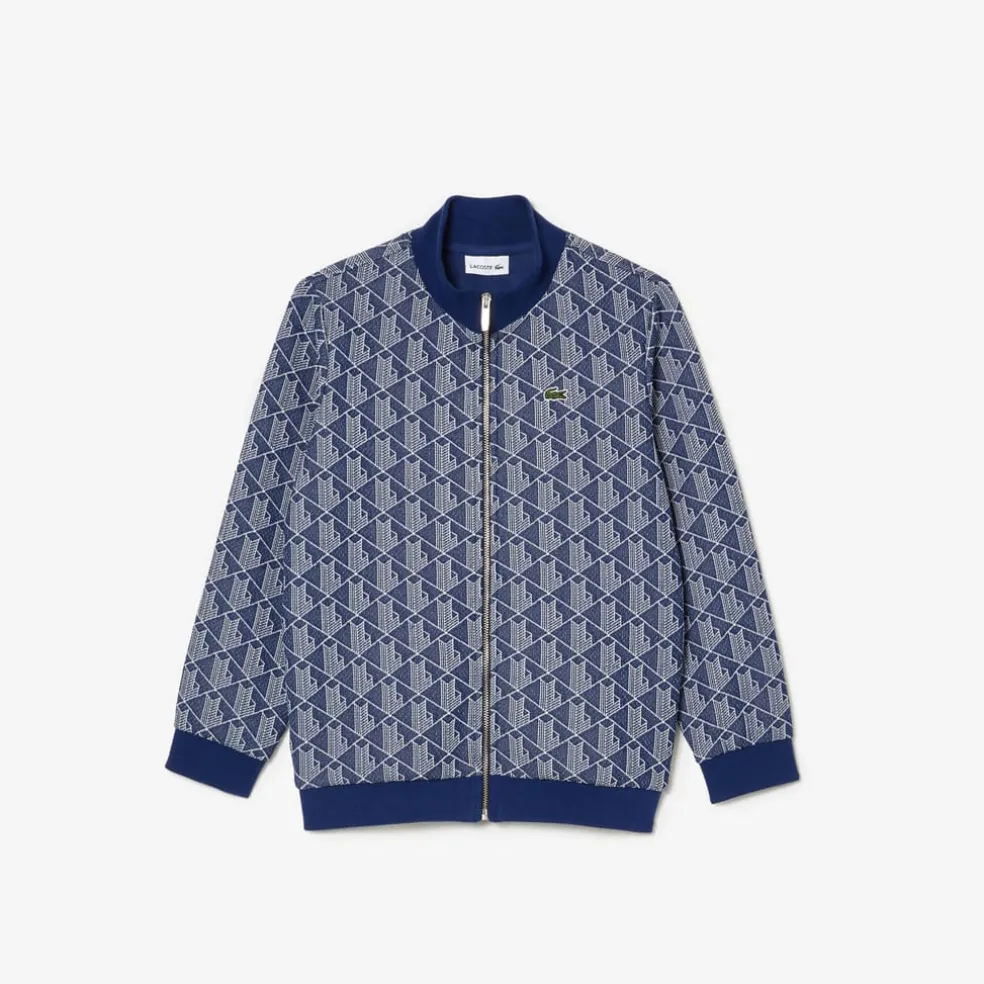 Lacoste Juniors High Neck Zip-Up Paris Monogram Sweatshirt in Navy