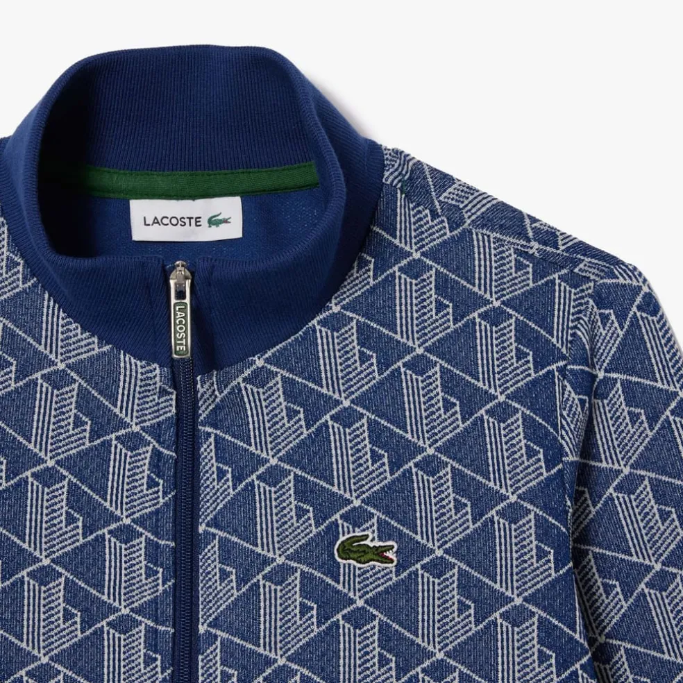 Lacoste Juniors High Neck Zip-Up Paris Monogram Sweatshirt in Navy