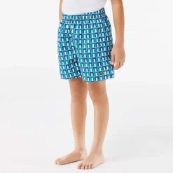 Lacoste Juniors Taffeta Monogram Print Swim Trunks in Multi colour