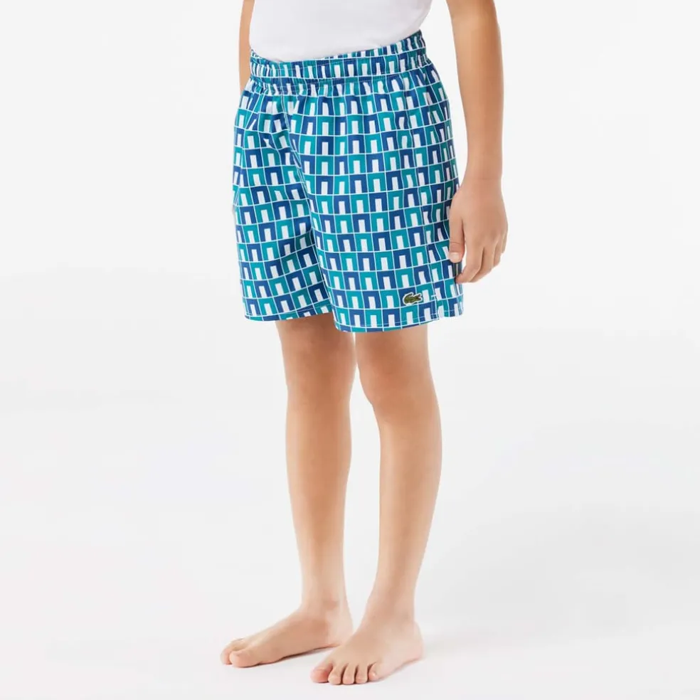 Lacoste Juniors Taffeta Monogram Print Swim Trunks in Multi colour
