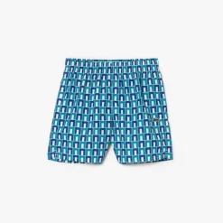 Lacoste Juniors Taffeta Monogram Print Swim Trunks in Multi colour