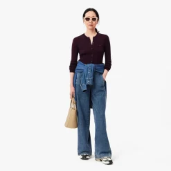 Lacoste Merino Wool 3D Knit Cardigan in red maroon