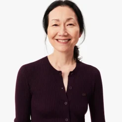 Lacoste Merino Wool 3D Knit Cardigan in red maroon