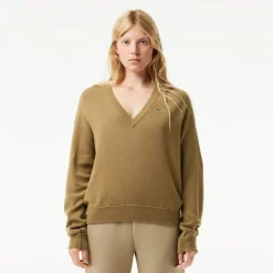 Lacoste Relaxed Fit Carded Wool Moss Stitch Sweater in Brown