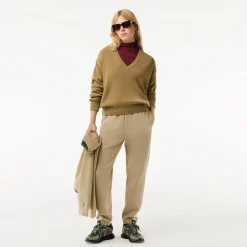 Lacoste Relaxed Fit Carded Wool Moss Stitch Sweater in Brown