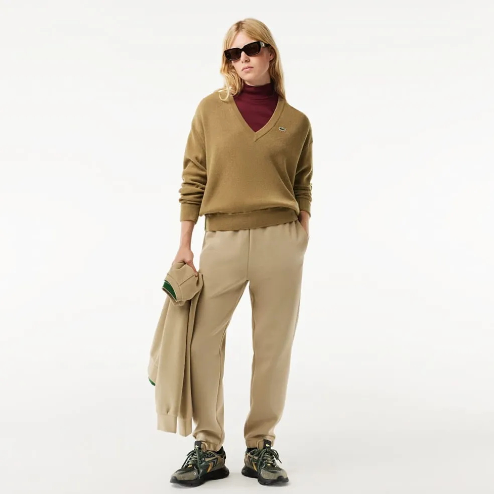 Lacoste Relaxed Fit Carded Wool Moss Stitch Sweater in Brown
