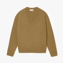 Lacoste Relaxed Fit Carded Wool Moss Stitch Sweater in Brown
