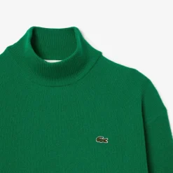 Lacoste Relaxed Fit Carded Wool High Neck Sweater in Green