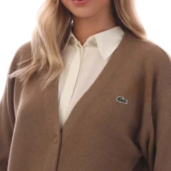 Lacoste Relaxed Fit V-Neck Wool Cardigan in Brown