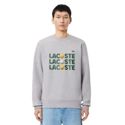 Lacoste Ribbed Cuff Lettering Crew Neck Sweater in Grey
