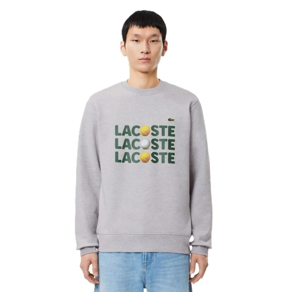 Lacoste Ribbed Cuff Lettering Crew Neck Sweater in Grey