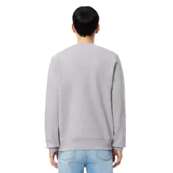 Lacoste Ribbed Cuff Lettering Crew Neck Sweater in Grey