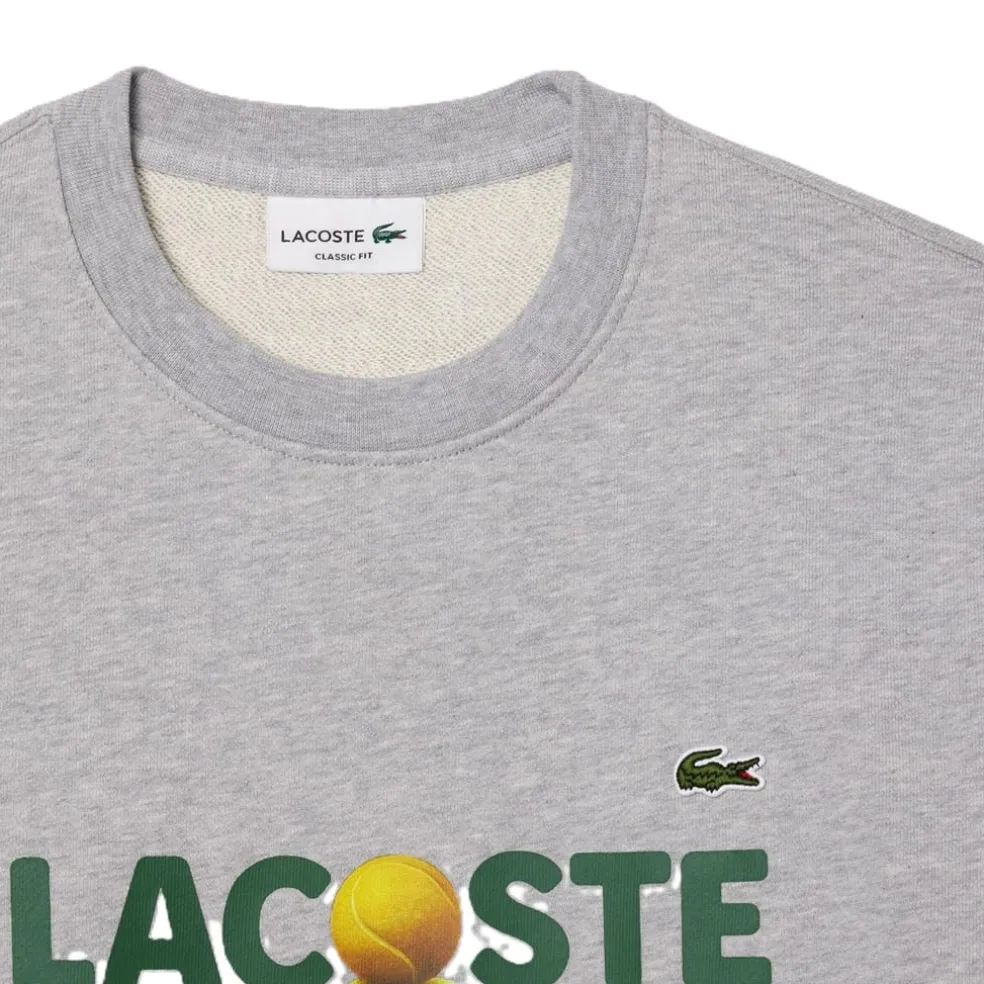 Lacoste Ribbed Cuff Lettering Crew Neck Sweater in Grey