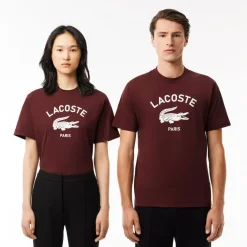 Lacoste Signiature Print Cotton T-Shirt in red maroon