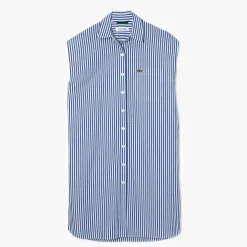 Lacoste Sleeveless Loose Fit Striped Poplin Dress in Blue-White