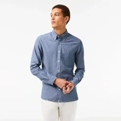 Lacoste Slim Fit Concealed Placket Poplin Shirt in Blue
