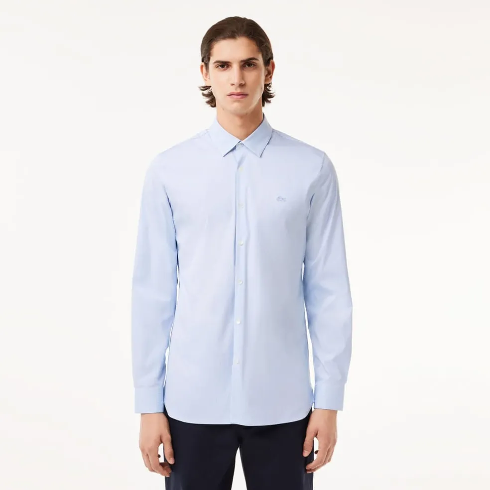 Lacoste Slim Fit Striped Stretch Poplin Shirt in Light Blue