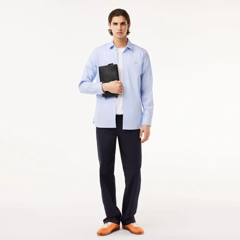 Lacoste Slim Fit Striped Stretch Poplin Shirt in Light Blue
