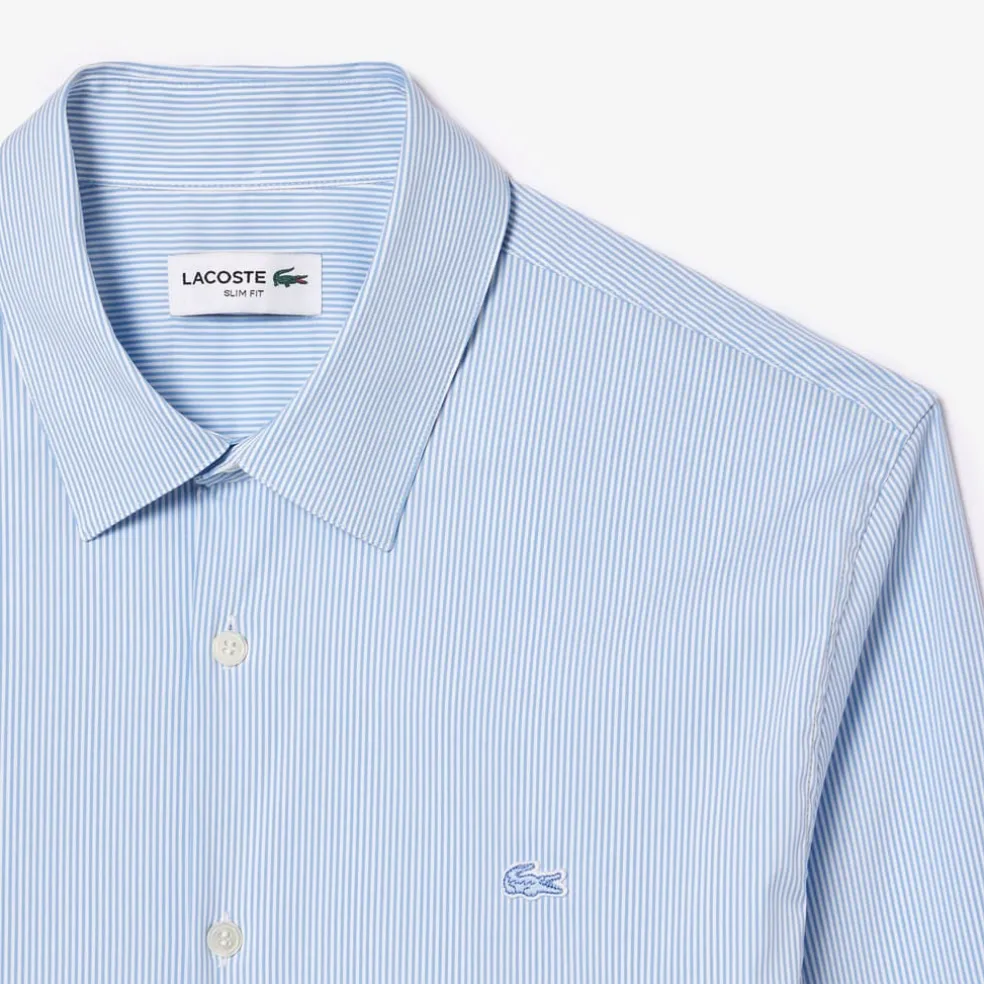 Lacoste Slim Fit Striped Stretch Poplin Shirt in Light Blue
