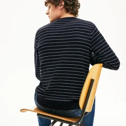 Lacoste Striped Textured Cotton Sweatshirt in Navy
