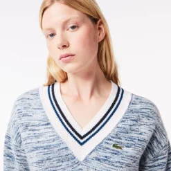 Lacoste V-Neck Regular Fit Long Sleeve Sweater in Multi