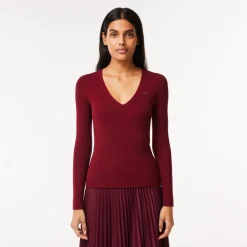 Lacoste V-Neck Slim Fit Sweater in Red