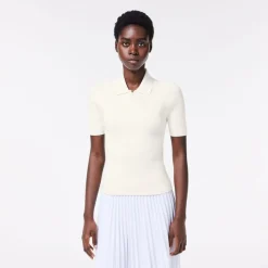 Lacoste Zip Neck Rib Knit Polo Shirt in White